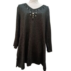 JM Collection Plus Size Womens Mettalic Sparkle Black Top 2x